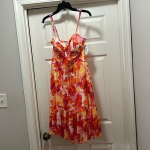 Orange, yellow, white, purple, pink floral sundress.